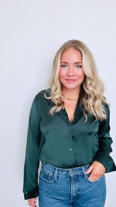 Effortlessly elevate your holiday wardrobe with our Brienne V-Neck Button Up Shirt. Made with a silky fabric, this versatile piece is a closet staple that will bring a touch of luxe to any occasion. Collared V-neckline Button front closure Silky fabrication 100% polyester Silk Button-up Blouse For Night Out, Elegant Green V-neck Shirt, Sleek Satin Blouse With Buttons, Satin Button-up Blouse For Night Out, Silk Tops With Buttons For Night Out, Sleek Satin Blouse For Date Night, Elegant Button-up Tops For Date Night, Elegant Shirt For Date Night In Fall, Green Button-up Blouse For Night Out