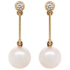 These elegant earrings feature a rubover set round brilliant cut diamond weighing approximately 0.08ct in each. The diamond beautifully holds a fine yellow gold bar hanging a lustrous freshwater pearl measuring 8.5mm. The pair measure 2.7cm in length and weigh 4.76 grams combined. Stamped 750. Hanging Earring, Yellow Gold Drop Earrings, Accessories Brand, Pearl Diamond, Gold Bar, Gold Drop Earrings, Elegant Earrings, Round Brilliant Cut Diamond, Round Brilliant Cut