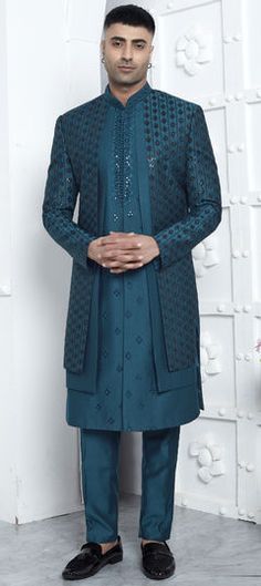 Blue color IndoWestern Dress in Art Silk fabric with Embroidered, Sequence, Thread work Blue Kurta With Intricate Embroidery For Reception, Fitted Blue Kurta For Reception, Blue Kurta With Intricate Embroidery For Party, Blue Party Kurta With Intricate Embroidery, Blue Embroidered Party Kurta, Party Wear Indowestern Dresses, Engagement Reception, Reception Lehenga, Indo Western Dress