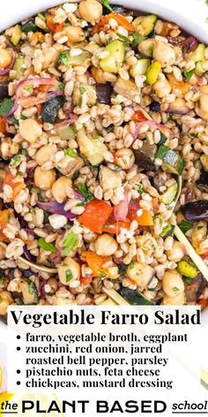 vegetable faro salad in a white bowl