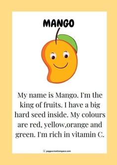 an orange with the words mango on it and a smiling face, in front of a yellow background