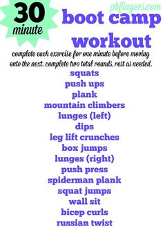 the 30 minute boot camp workout is shown in purple and green with words above it