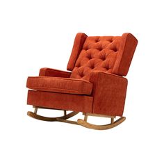 an orange rocking chair with buttons on the back and arm rests against a white background