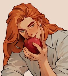 a woman with red hair holding an apple