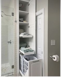 an open door to a walk in shower next to a white cabinet and toiletries