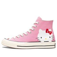 With this classic high top, you can let everyone know that you're a fan of Hello Kitty! The pink upper is adorned with the adorable kitty character herself, and red bows on the toe cap and outsole add the perfect finishing touch. Made of durable canvas, this shoe is perfect for everyday wear. (SNKR) Cute Pink High-top Sneakers, Pink Converse High-top Sneakers, Cute High-top Sneakers, Retro Pink High-top Sneakers With Rubber Sole, Retro Pink High-top Sneakers With Round Toe, Cute High-top Sneakers For Streetwear, Retro Pink Lace-up High-top Sneakers, Cute Converse, Chuck 70