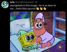 an image of spongebob in bed with the caption that reads, are you surgicalized? 4h spongebob in this image is so dear to me hello little squich