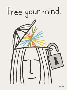 a card with a drawing of a woman's head and lock on it that says, free your mind