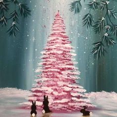 a painting of a pink christmas tree in the snow with two rabbits swimming underneath it