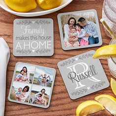 personalized coasters with family photos and lemons on a table next to a bowl of fruit