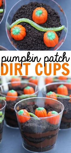 several cups filled with dirt and fake pumpkins