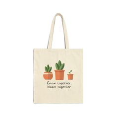 "plant lover 15.75\"h x 15.25\"w and with a handle length of 21.5\", these personalized tote bags are with 100% cotton sheeting. Add their reinforced handle stitching to the mix, and you got a reliable bag rich in both practicality and durability.  B150 is back in stock and ready to ship. .: Material: 100% cotton sheeting .: One size .: Lightweight and compact  .: Handle Length: 21.5\" (54.61cm) ." Plant Bags, Handmade Plant, Personalized Tote Bags, Grow Together, Back In Stock, Plant Lover, Tote Bags, Stitching, Accessory Gift