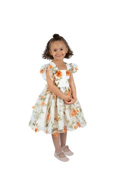 Ruffled sleeve dress in orange 3D floral translucent organza with matte satin linings.  Made with love by a designer mom in Florida :) Ruffled Sleeve Dress, Matte Satin, Fort Lauderdale, Sleeve Dress, Fort, Baby Clothes