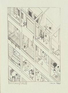 a drawing of an apartment building with people in it