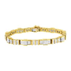 Add a timeless look to your style with this beautiful and regal tennis style diamond bracelet. Fashioned in an alternative pattern of squares, it is composed of 14 karats yellow gold. Further, the decoration with flickering princess and baguette cut diamonds in a channel setting makes it look splendid. Tennis Style, Channel Setting, Baguette Cut Diamond, Baguette Cut, Baguette Diamond, Princess Cut Diamonds, Diamond Gemstone, Princess Cut, Gold Material