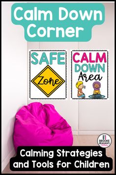 a pink bean bag sitting on top of a wooden floor next to a sign that says calm down corner