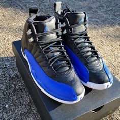 Air Jordan 12 Retro Women's Shoe/Sneaker Black, White, Hyper Royal Blue Size 7 Casual Jordan Shoes With Air Cushioning And Lace-up, Lace-up Jordan Shoes With Air Cushioning, Sporty Jordan Shoes With Air Cushioning, Navy Blue Jordans, Blue Jordans, Air Jordan 12, Air Jordan 12 Retro, Jordan 12 Retro, Jordan 12