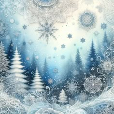 a painting with snowflakes and trees in the background, on top of a blue sky