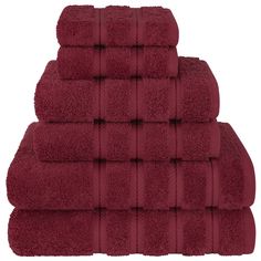 six towels stacked on top of each other in maroon color, with one folded up and the