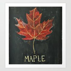 a painting of a maple leaf with the word maple written on it in gold lettering