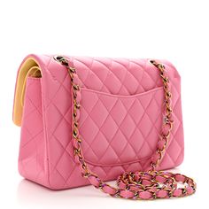 This is an authentic CHANEL Lambskin Quilted Small Double Flap in Pink and Yellow. This stunning small shoulder bag is finely crafted of diamond quilted luxurious caviar leather in pink. The bag features a long rainbow chain link shoulder strap threaded with leather and a frontal flap with a rainbow Chanel Classic CC turn lock. This opens to a yellow leather interior with patch pockets. Chanel Mini Rectangular, Chanel Flap Bag, Chanel Mini, Gold Chanel, Chanel Shoulder Bag, Matte Pink, Pink Chanel, Leather Thread, Yellow Leather