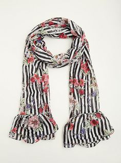 Girly, a little Parisian, and a touch romantic, this scarf just gets it all right. Black and white stripes mix together with floral patterns and are finished off with ruffled trim on a lightweight throw-and-go scarf. The best plus size women's mixed floral stripe ruffled scarf scarves in multi foral. Torrid is your destination for the freshest spring and summer styles. Wide Width Boots, Loom Knitting Patterns, Ruffle Scarf, Slouch Hat, Black And White Stripes, Head Accessories, Crochet Handbags, Floral Stripe, Crochet Scarves