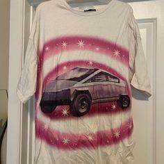 Tesla Super Truck Tee Airbrush Style. Oversized Tee With Drop Shoulder/Sleeves. A Little Pulled From The Material Style But Never Worn. Fits L/Xl Oversized Oversized White Tops With Screen Print, Oversized White Top With Screen Print, Trendy Oversized White Shirt, White Oversized Graphic Tee, Balenciaga Shirt, Airbrush T Shirts, Shein Tops, Oversized Tee, Shoulder Sleeve