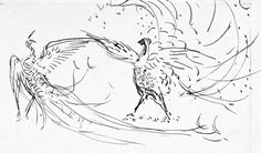 a drawing of two birds flying in the air with their wings spread out and one bird is on its hind legs