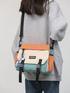 Multicolor Casual Collar  Polyamide Colorblock,Letter Square Bag Embellished   Women Bags Orange Crossbody Bag Outfit, Fancy Items, Stylish School Bags, Inspo Art, Charm School, Stylish Shoulder Bag, Shoulder Messenger Bag, Japanese Design, Daily Essentials