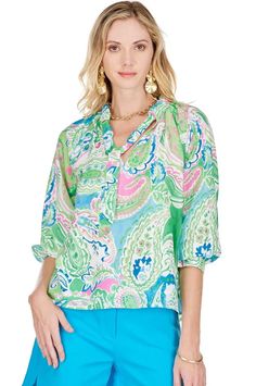 Indulge in luxury with our RUCHED NECK PEASANT TOP. Adorned with a PAISLEY PRINT, this top boasts a flattering V-NECK and 3/4 SLEEVES. The button up design adds a touch of sophistication to this versatile piece. Elevate your wardrobe and embrace effortless elegance. Blouse Tank Top, Maxi Dress Cocktail, Double Trouble, Sleeve Cuff, Peasant Tops, Silk Top, White Denim, Long Sweaters, Long Sleeve Maxi Dress