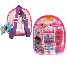 two children's backpacks, one with hair clips and the other with accessories