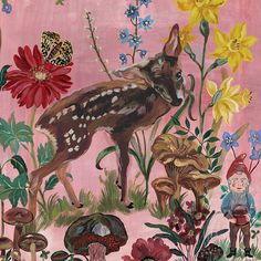 a painting of an animal surrounded by flowers and mushrooms