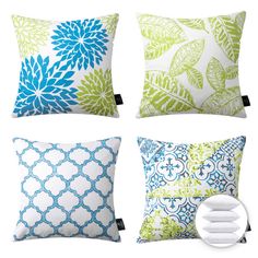 four pillows with different designs on them, one is blue and the other is green