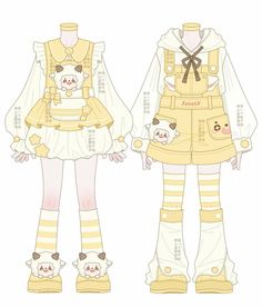 an anime character is dressed in yellow and white clothes with cats on the chest, while she