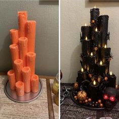 two pictures side by side, one with candles and the other with fake pumpkins