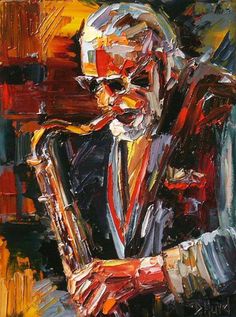 a painting of a man playing the saxophone