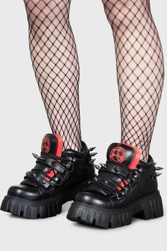 TORMENT.- Statement faux leather chunky trainer.- Velcro straps with gunmetal hardware studs.- Lace up closure.- Gunmetal studded heel details.- Contrasting tongue detail.- Lilith sigil embroidery.- Platform height 4cm/1.5".- Heel height 6cm/2.6".- Wipe clean.with KILLSTAR branding, 100% PU. Imported. Gothic Inspiration, Lilith Sigil, Goth Shoes, Fun Shoes, Gunmetal Hardware, Chunky Trainers, Summer Sneakers, Studded Heels, Dog Hoodie