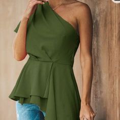 Green One Shoulder Top, Side Zip, Asymmetric Green One-shoulder Blouse, Green One-shoulder Blouse For Spring, One-shoulder Green Blouse For Spring, One Shoulder Solid Color Tops For Spring, Casual Green One Shoulder Top, Casual Green One Shoulder Top For Spring, One-shoulder Solid Color Top For Spring, Spring One-shoulder Top In Solid Color, Green Sleeveless One Shoulder Top For Spring