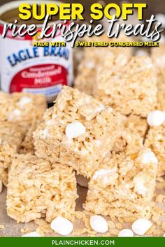 homemade rice krispy treats stacked on top of each other with marshmallows