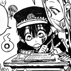 an anime character sitting at a desk with a pen and paper in front of him