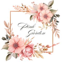 the pink garden logo with flowers and leaves around it, on a white background in a gold frame