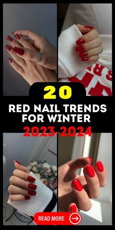 Step into winter with the latest red nail trends for 2023 - 2024. Gel and acrylic nails in deep red hues exude an aesthetic charm that's perfect for both short and long styles. These nails offer a formal and dark appearance with a touch of glitter and gold, providing ample inspiration for your Christmas designs. Embrace the holiday spirit and create a captivating and classy look that's sure to turn heads. Red Glitter Nails Acrylic, Red Nails 2024, Winter Red Nails, Nails Design Square, Red Nails Design, Red Glitter Nail Polish, Cute Red Nails, Short Red Nails, Vibrant Nail Colors