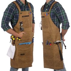 two men wearing brown aprons with tools in their pockets and one holding a wrench