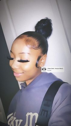 @niahhnextdoor_ Slick Back Ponytail Middle Part Edges, Edges For Slick Back Ponytail, Slick Back Bun Natural Hair Middle Part Edges, Slick Back Bun With Edges, Mikaria Janae Ponytail, Slick Styles, Hair Inches, Highschool Outfits, Iron Hair