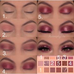 Huda Beauty eye shadow palette step by step tutorial, an easy to do eye makeup look for green, Hazel or brown eyes. Huda Beauty Eyeshadow Palette, Mekap Mata, Trendy Eyeshadow, Nude Palette, Eye Makeup Steps, Makeup Step By Step, Makijaż Smokey Eye