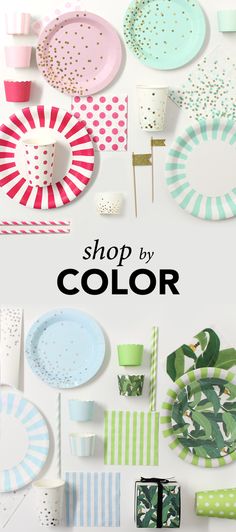 various plates, cups and napkins with the words shop by color