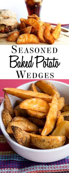 seasoned baked potato wedges in a white bowl next to a sandwich on a plate