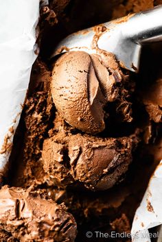 three scoops of chocolate ice cream in a bowl