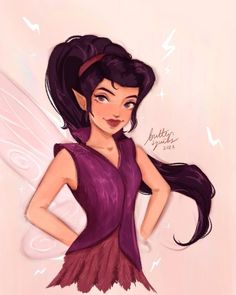 a drawing of a fairy with long hair and purple dress, holding her hands on her hips