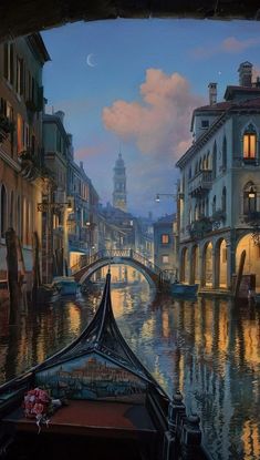 a painting of a boat traveling down a canal in venice, italy at night time